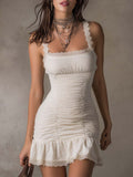 Boho Vintage Lace-Trim Ruched Cotton Mini Dress