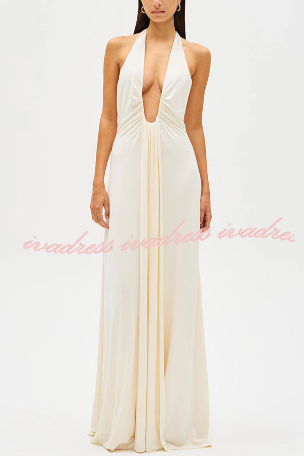 Sexy Silhouette Deep U-neck Halter Waterfall Sash Drape Maxi Dress