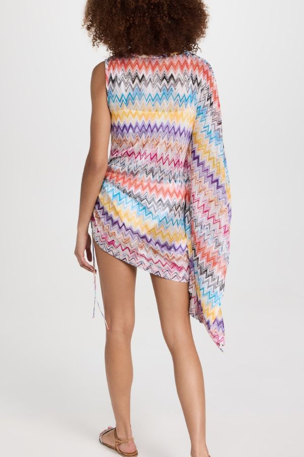 Arloe Knit Colorful Zigzag Pattern Asymmetric Flare Sleeve Ruched Tie-up Mini Dress