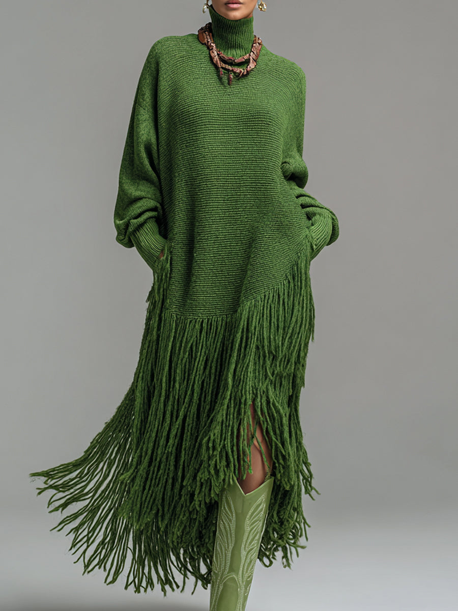 sheenchic Festival Green High Collar Long Sleeve Strappy Boho Pocket Knitted Maxi Dresses