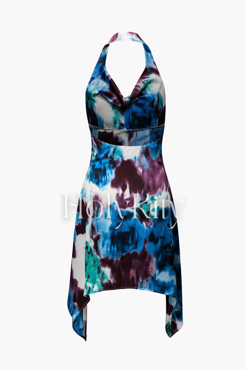 Tie Dye Cowl Neck Satin Halter Mini Dress