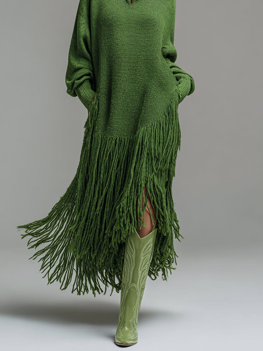 sheenchic Festival Green High Collar Long Sleeve Strappy Boho Pocket Knitted Maxi Dresses