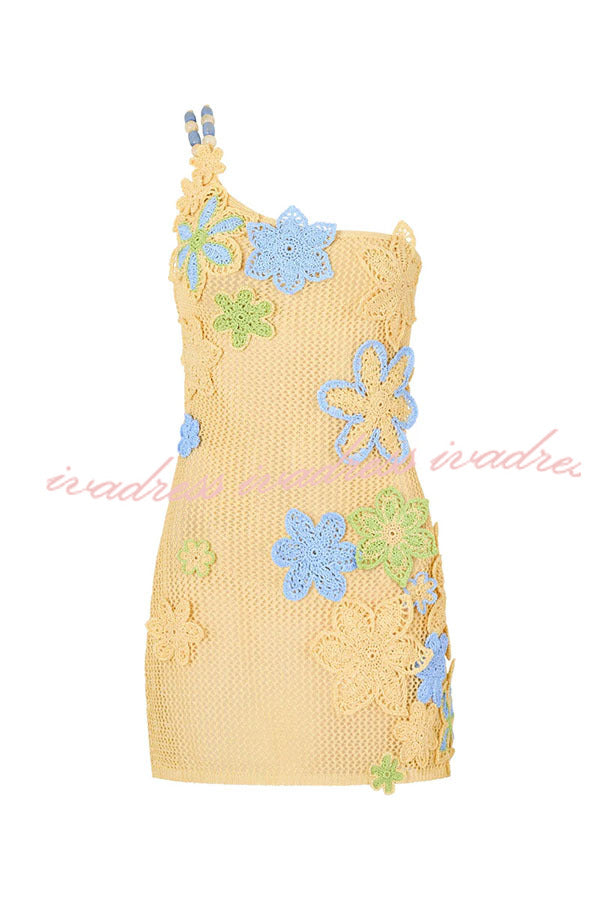 Nammos Knit Crochet Handmade Flower One Shoulder Back Tie-up Stretch Mini Dress