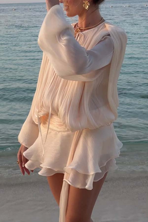 Ninah Glitter Fabric Pleated Balloon Sleeve Tiered Ruffle Hem Mini Dress