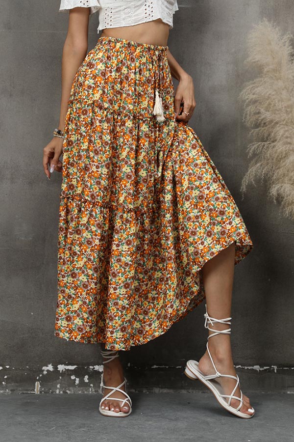 Floral fungus lace stitching layered skirt bohemian tassel seaside holiday beach skirt