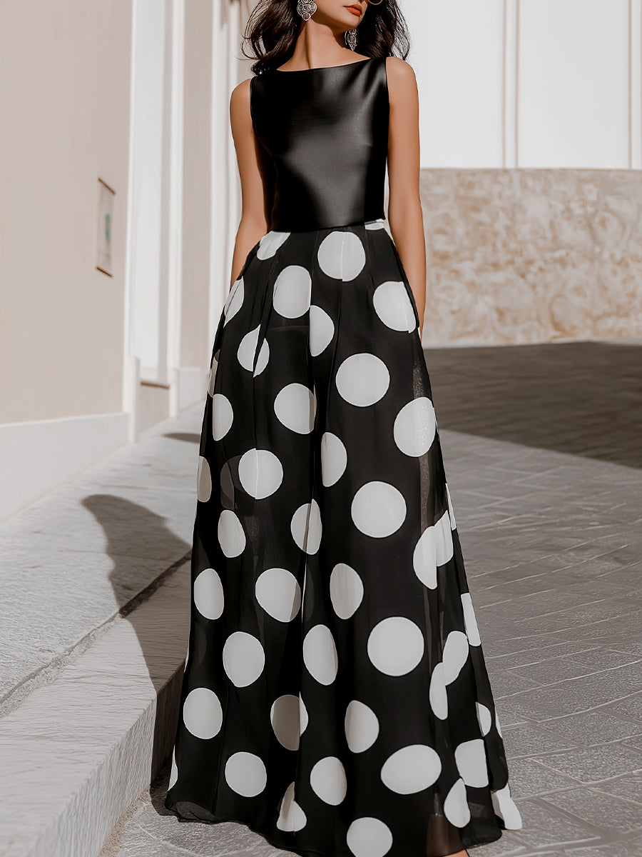 Sleeveless Polka Dot Maxi Dress With Structured Bodice