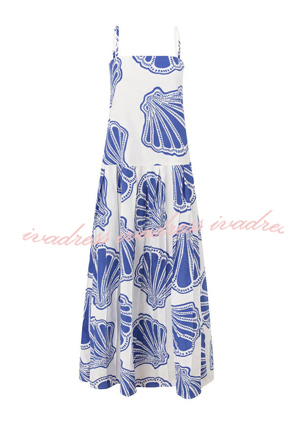Linen Blend Shell Print Loose Strappy Resort Style Maxi Dress