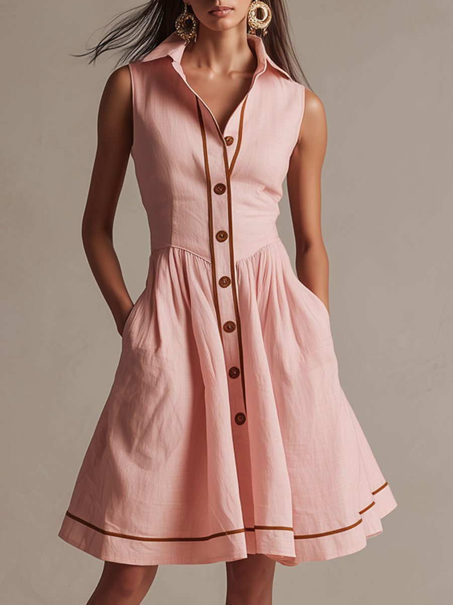 Vacation Retro Brown Trim Pink Cotton Sleeveless Mini Dress