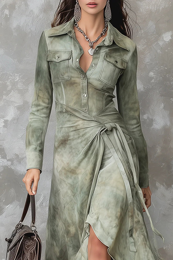 Fashionable Tie Dye Long-sleeved Slim-fit Tie-waist Irregular Maxi Dress