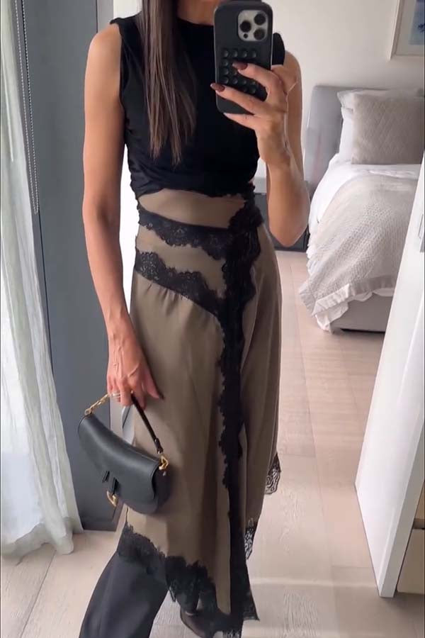 Verve Ribbed Jersey Cutout Waist Asymmetric Satin Lace Hem Maxi Dress