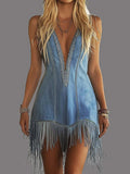 Casual Denim Deep V Neck Sleeveless Fringe Mini Dress