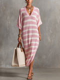 Pink And White Striped Loose Knit V-Neck Maxi Dress