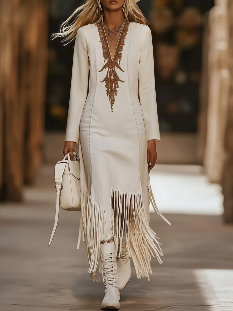 sheenchic Beige Deep V Neck Printed Long Sleeve Asymmetrical Fringe Hem Maxi Dress