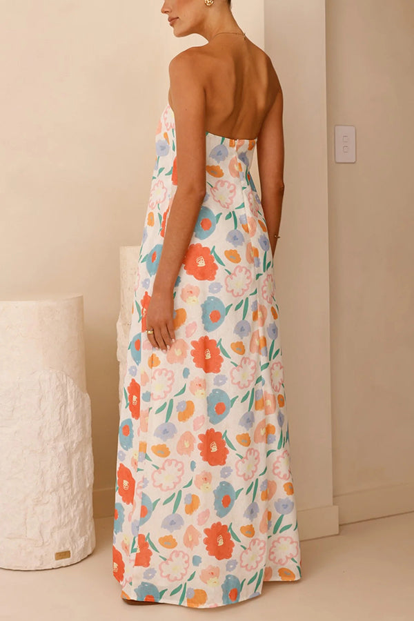 Unique Print Strapless Open Back Full Hem Maxi Dress