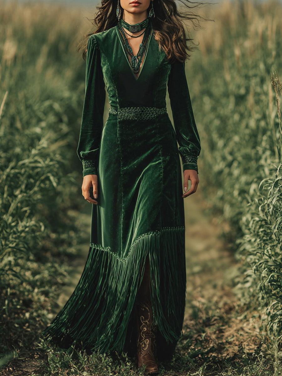 sheenchic Boho V Neck Long Sleeve Fringe Hem Velvet Maxi Dress