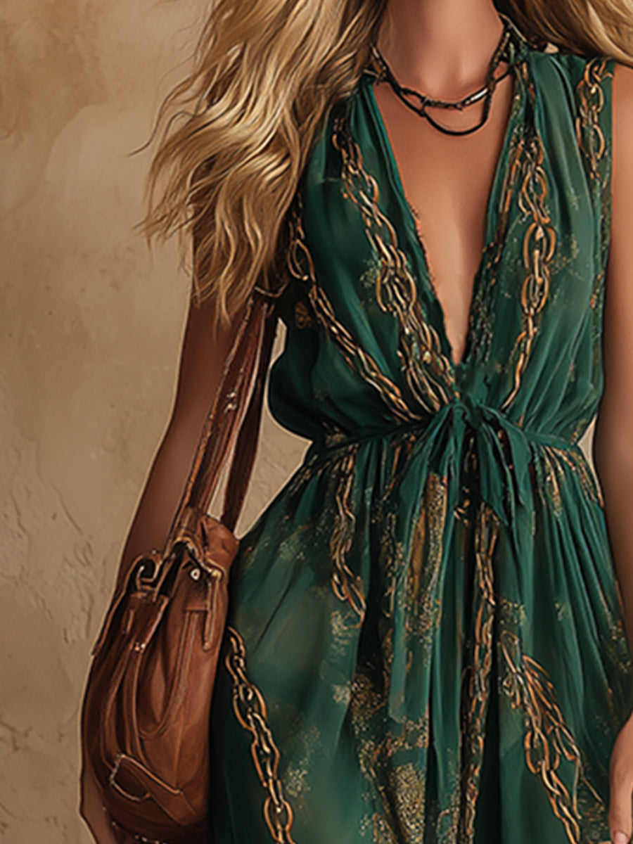 Retro Ethnic Style Chiffon Printed V-neck Sleeveless Maxi Dress