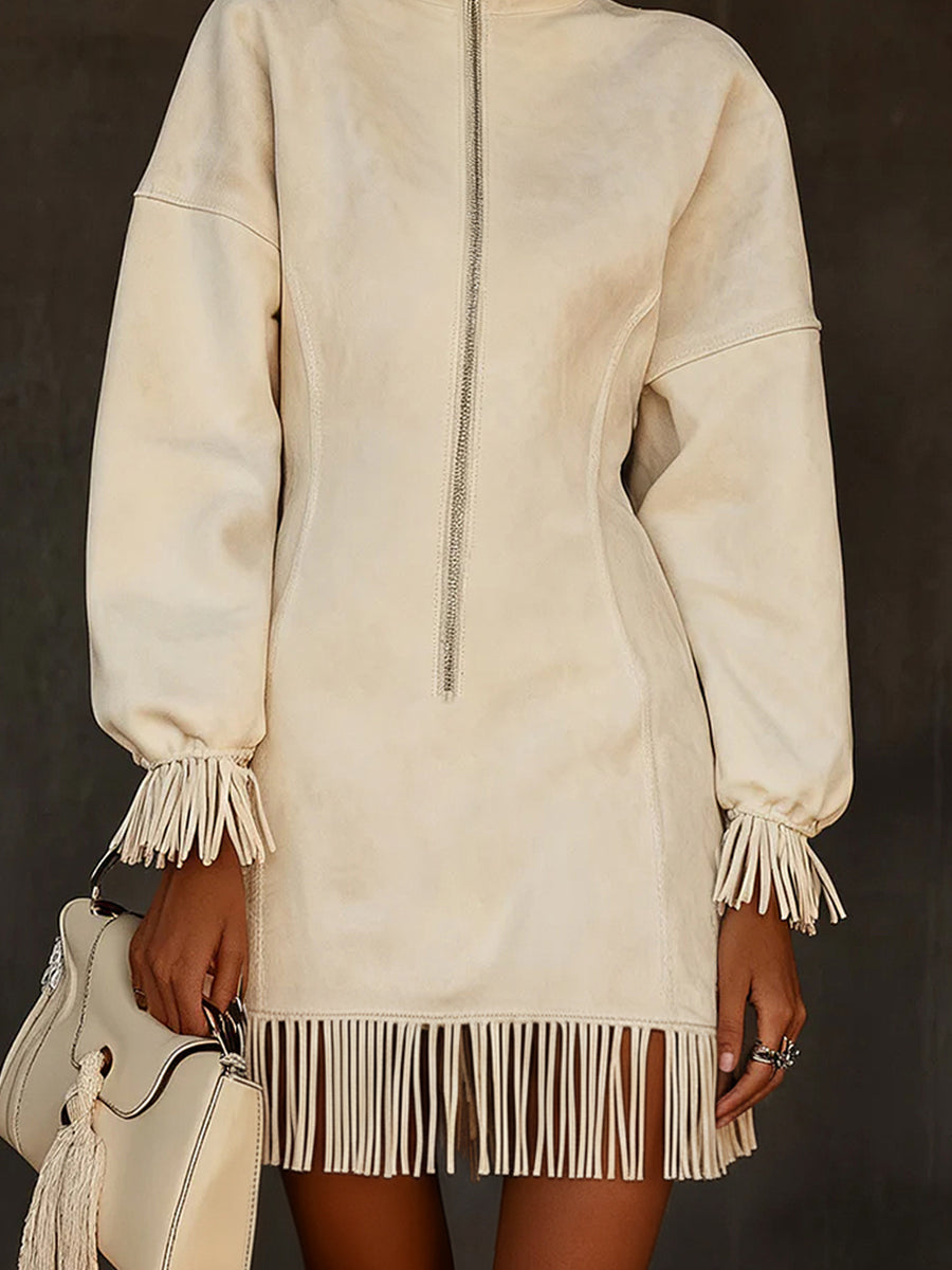 Casual White Stand Collar Long Sleeve Half-Zip Fringe Suede Mini Dress