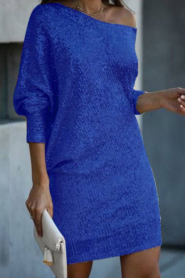 Sequined One Shoulder Off-The-Shoulder Batwing Sleeve Party Dress