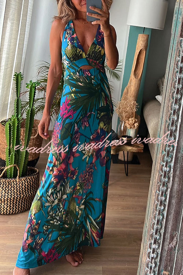Rainforest Paradise Tropical Print Cutout Back Crossover Stretch Maxi Dress
