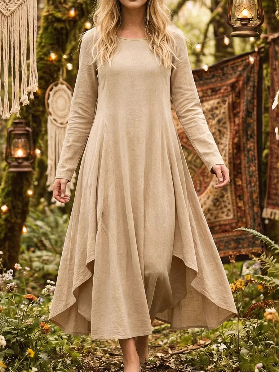 Vacation Blue Round Neck Long Sleeve Asymmetric Hem Vintage Ruffled Linen Maxi Dresses