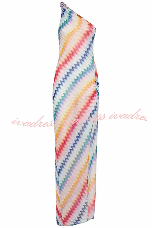Vacay Charm Knit Colorful Zigzag Pattern One Shoulder Slit Maxi Dress