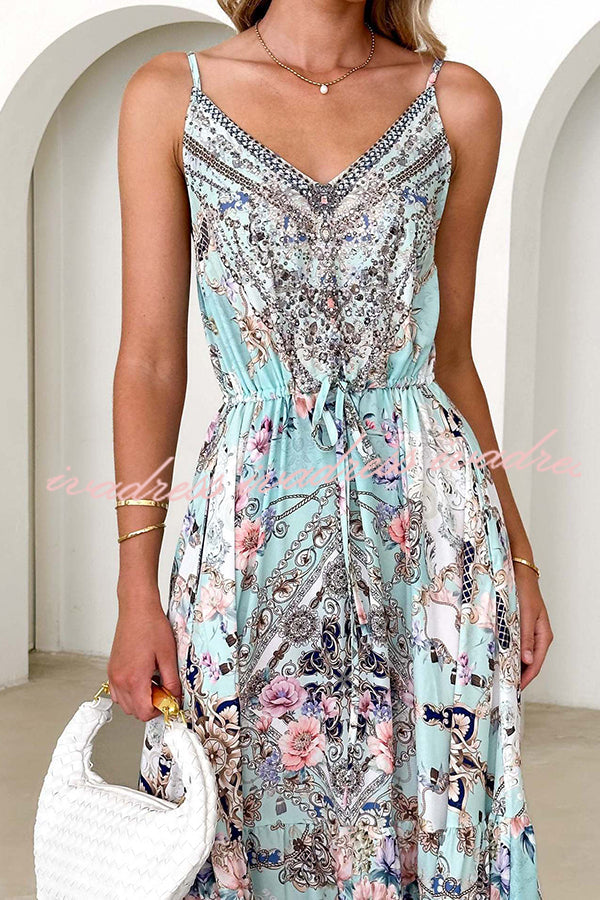 If It Looks Beautiful Ethnic Print Strap V Neck Pleated Pocket Maxi Dress