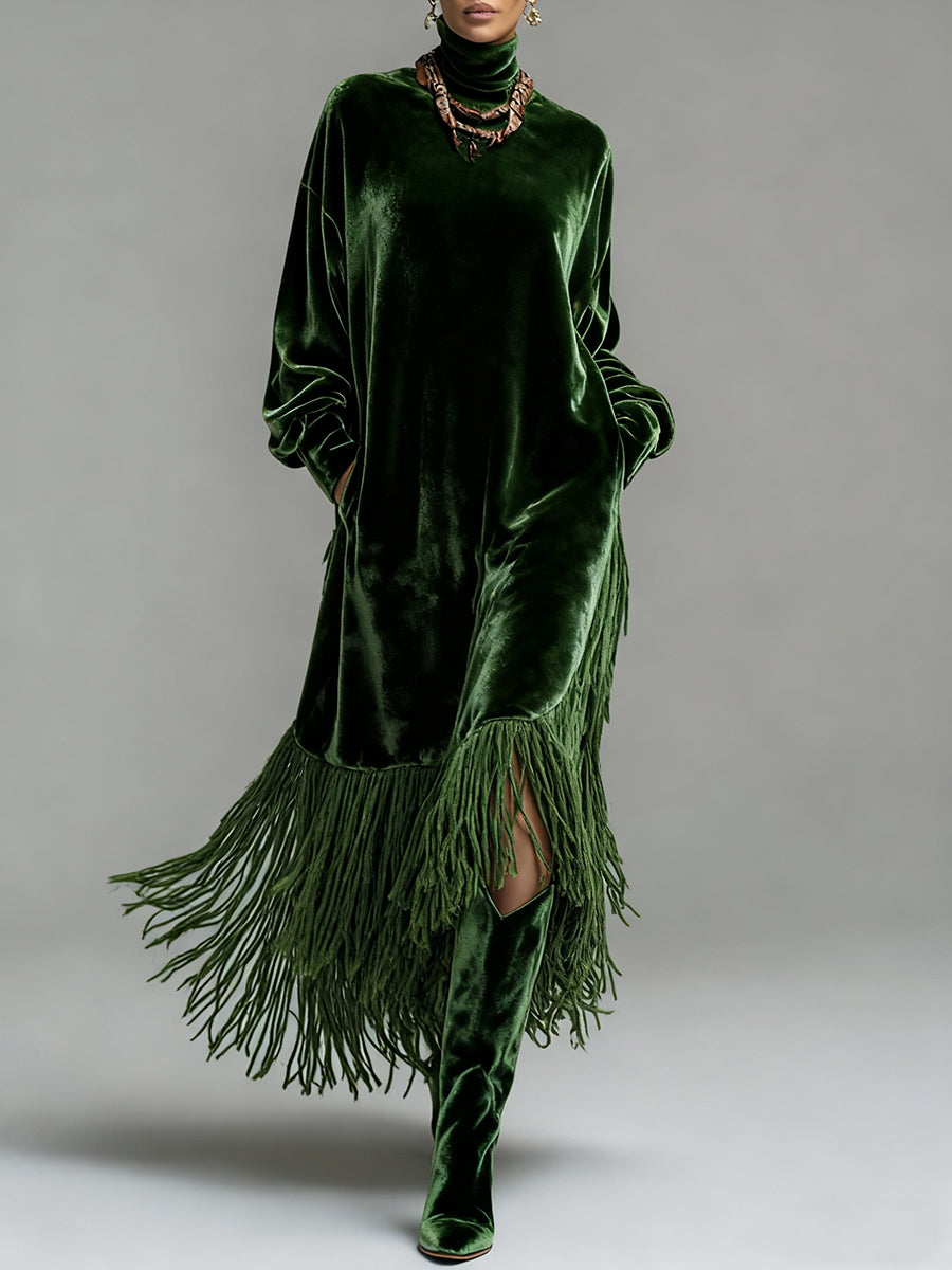sheenchic Semi Formal Emerald Green High Collar Long Sleeve Strappy Elegant Pocket Velvet Maxi Dresses