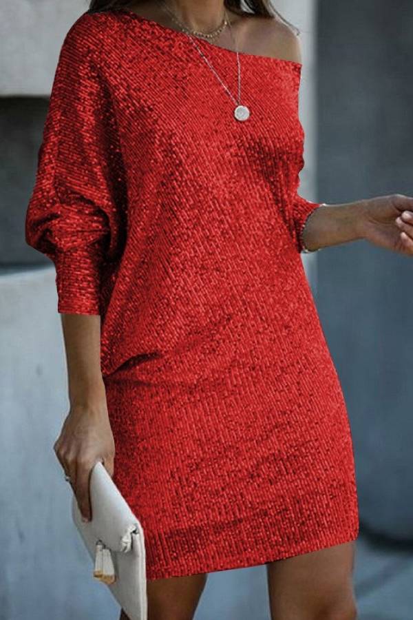 Sequined One Shoulder Off-The-Shoulder Batwing Sleeve Party Dress