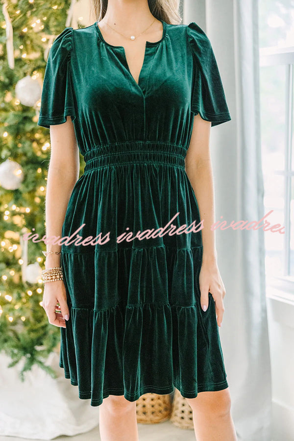 Always Choose Your V-neck Velvet Ruffled Pleated Panel Mini Dress