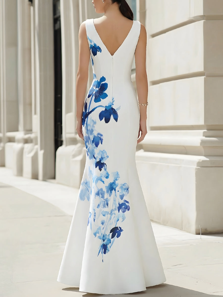 Elegant V-Neck Sleeveless Floral Mermaid Maxi Dress