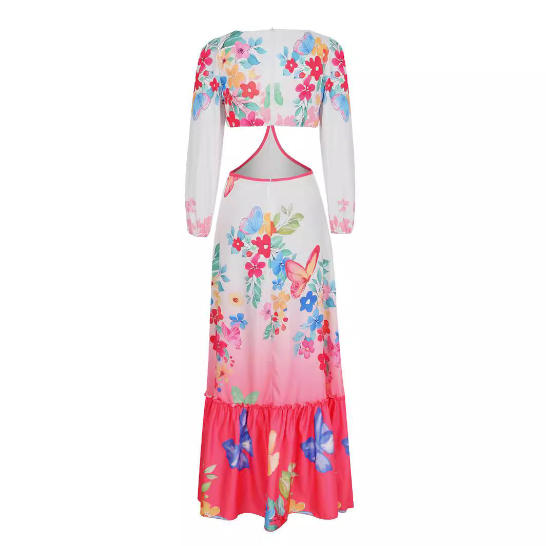 Blossom Printed V Neck Puff sleeve Cut Out Maxi Dress