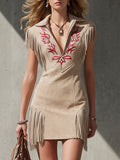 Western-style Retro Embroidered Sleeveless Apricot Faux Suede Tassel Mini Dress