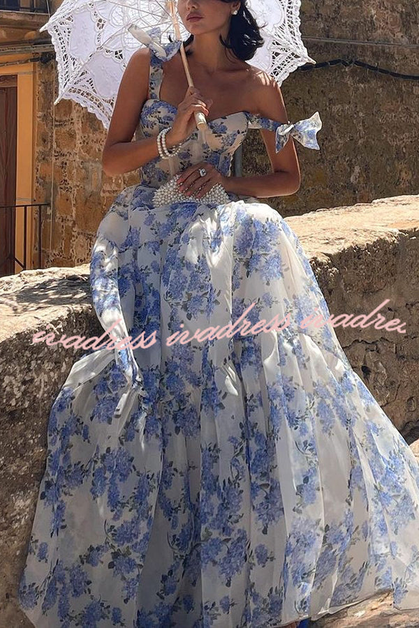 Fairytale Itself Organza Floral Print Tie Strap Maxi Dress