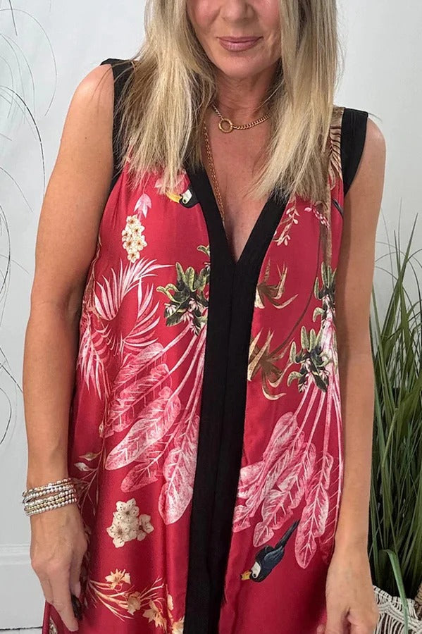 Vanna Unique Tropical Print Black Patchwork Detail A-line Maxi Dress