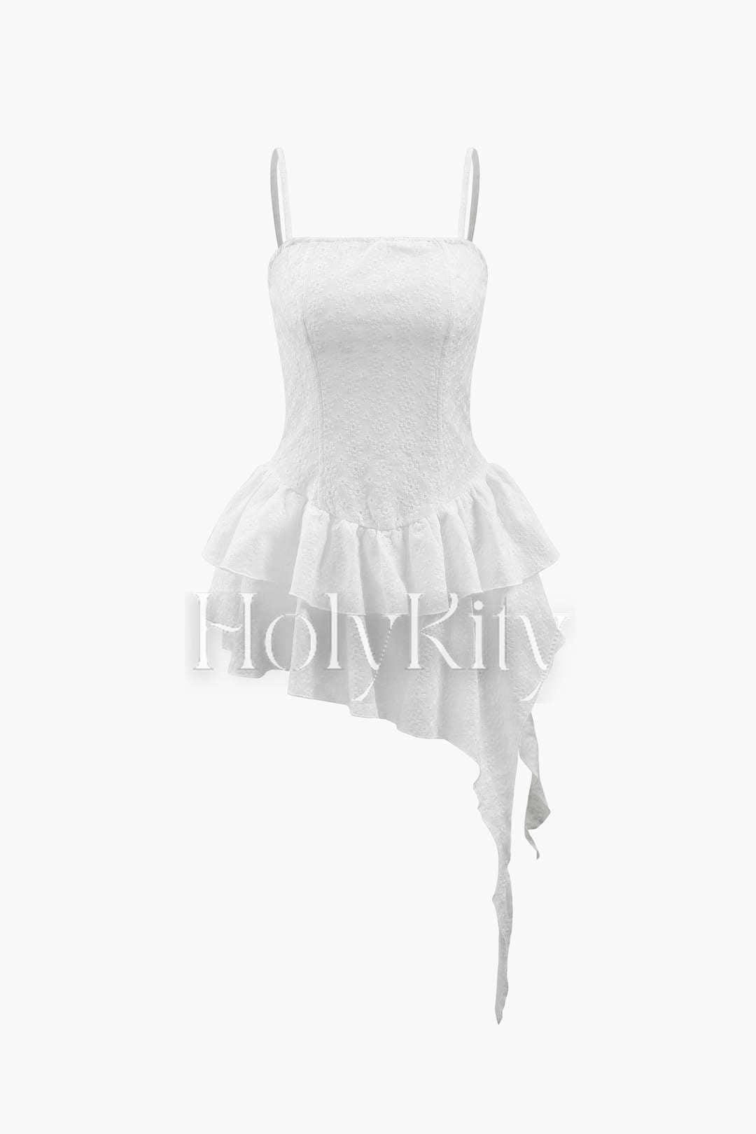 Embroidered Eyelet Asymmetric Ruffle Mini Dress