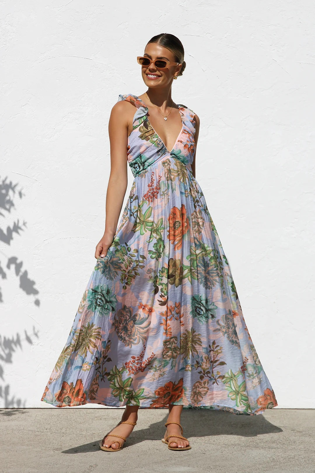 Ruffle V Neck Maxi Dress