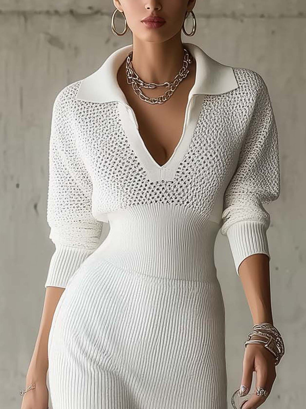 White Knit Collared Bodycon Mini Dress