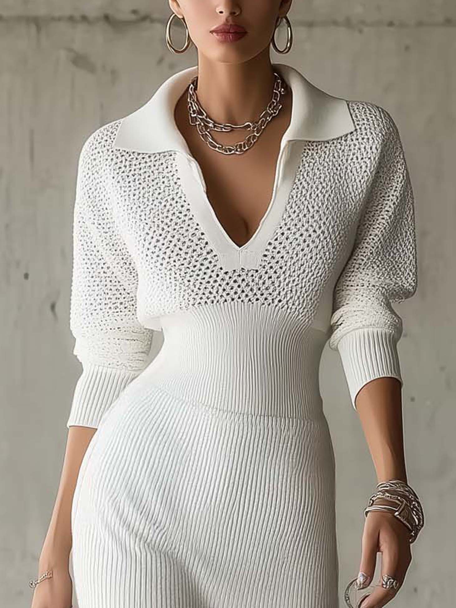 White Knit Collared Bodycon Mini Dress