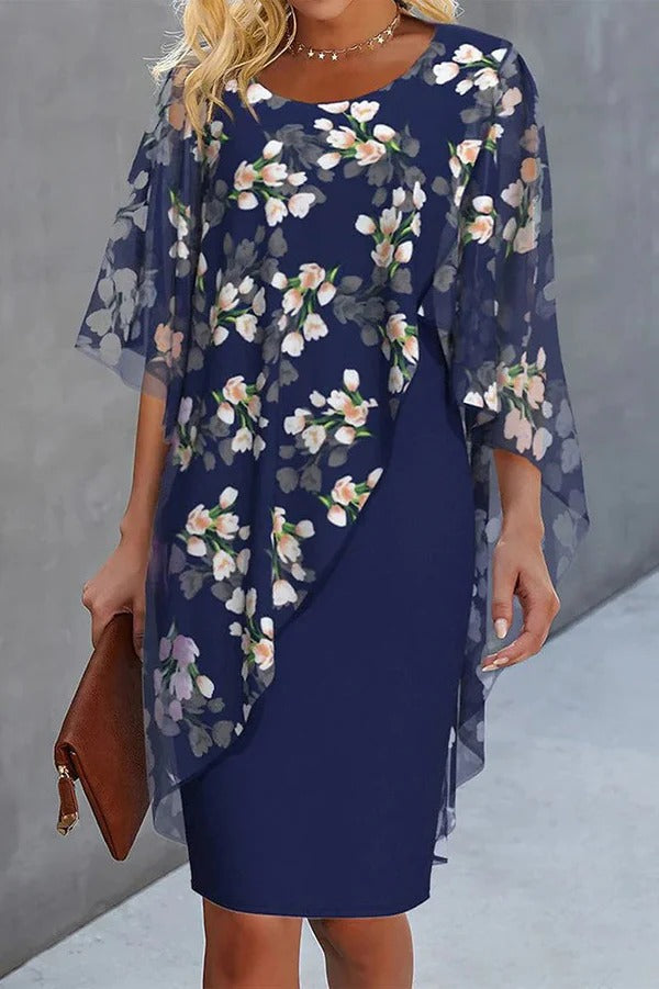 Chiffon Floral Print Crew Neck Casual Mini Dress