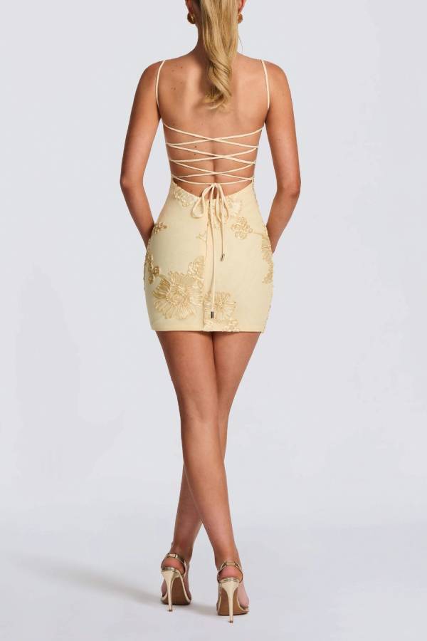 3D Floral Embroidered Cross-Back Strappy Bodycon Dress