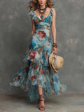 Boho-Vintage Elegant Floral Chiffon Ruffle Maxi Dress
