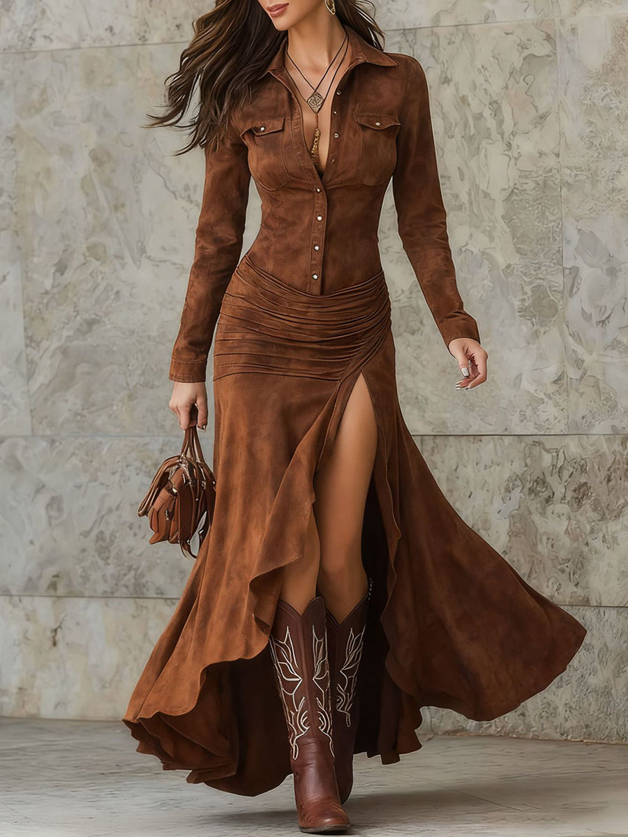 Party Brown Shirt Collar Long Sleeve Asymmetric Hem Western Mermaid Chamois Maxi Dresses