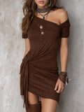 Retro One-shoulder Mini Dress With Waist Knot Detail