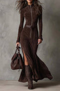 Vintage Brown Zipper Belted Maxi Dress