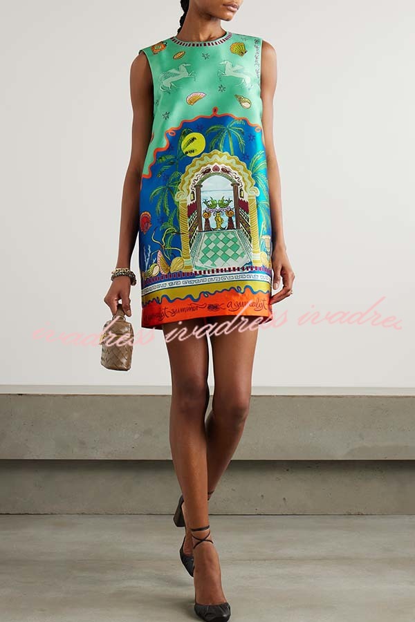 Natural Beauty Satin Unique Print Sleeveless H-line Mini Dress