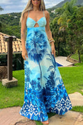 Vacation Blue Suspender Print Dress