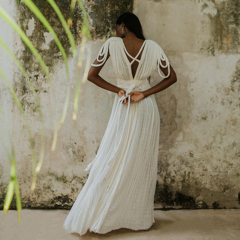 Off Shoulder Halter Maxi Dress(With Belt)