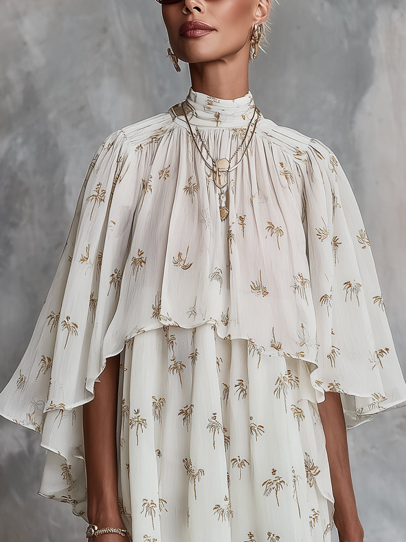 White Palm Print Chiffon Mini Dress With Cape Collar