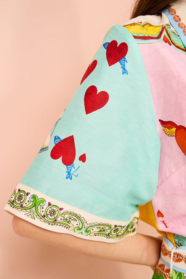 Linen Blend Unique Printed Short Sleeved Pocket Tie Waist Mini Dress(One Size UP)