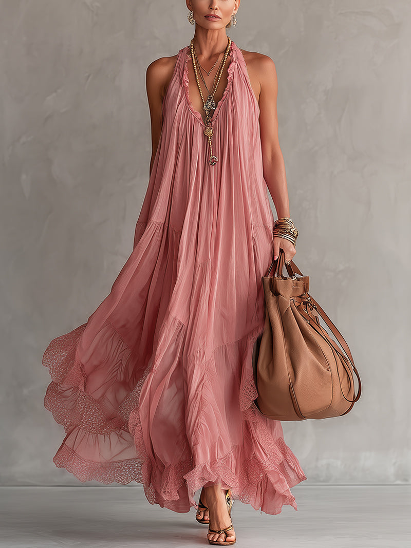 Pink Chiffon Maxi Dress With Ruffled Hem And Flowing Silhouette